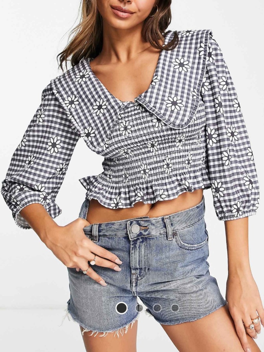 Miss Selfridge Black & White Gingham Smocked Peplum Top with Daisy Print